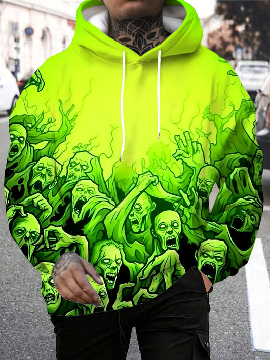 Men'S Y2K Dark Punk Skull Graphic Hoodie - Vibrant Green 3D Print, Elastic Knit Fabric, Drawstring Pocket, Regular Fit for Gym, Outdoor & Casual Wear, Autumn Winter Essential, Gym Apparel | Skull Print Hoodie | Stretchy Knit