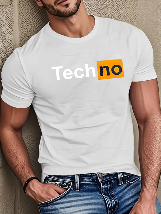 Men's Casual Summer T-Shirt - Soft Breathable Fabric with Bold "Techno" Letter Print & Orange Accent, Ribbed Collar, Regular Fit for Casual Attire, Summer T Shirts, Classic Round Neckline, Comfortable Tee Construction