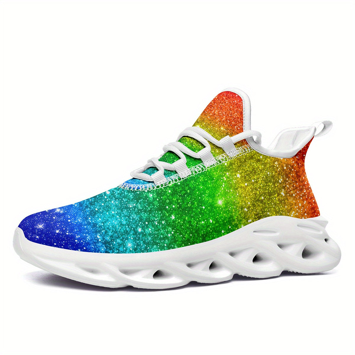 Men's Rainbow Glitter Gradient Sneakers - Lightweight Breathable Mesh Streetwear Shoes with Cushioned EVA Sole, Lace-Up Trainers for Running, Parties, Everyday - Plus Size Available (Green/Blue/Purple/Red/Pink/Teal/Orange/Pur