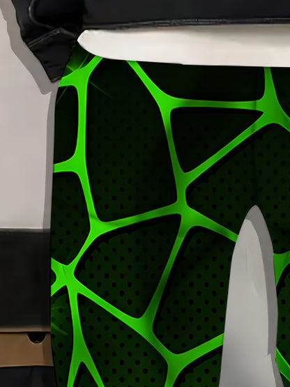 Men'S 3D Geometric Abstract Print Joggers with Drawstring Waist & Pockets - Vibrant Neon Green & Black Design, Comfortable Casual Sweatpants for Home & Leisure, Jogging Pants, Leisure Wear, Modern Streetwear, Durable Fabric