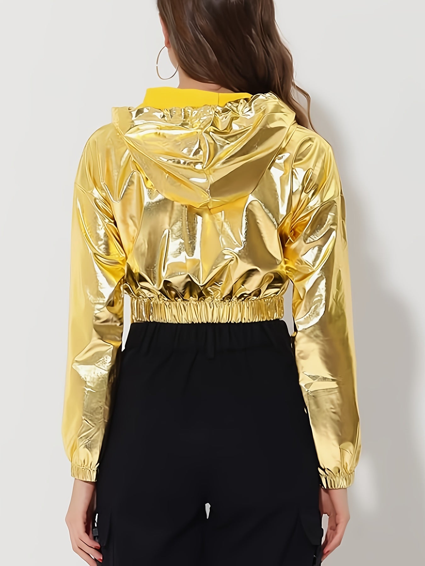 Women's Sexy Short-Length Hooded Sweatshirt - Long Sleeve Holographic Golden Metallic Pullover with Drawstring Hood, Stretchy Fabric for Gym Running Casual Wear, Spring/Autumn Fashion, Gym Hoodie, Seasonal Athletic Apparel, E