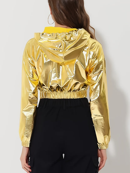 Women's Sexy Short-Length Hooded Sweatshirt - Long Sleeve Holographic Golden Metallic Pullover with Drawstring Hood, Stretchy Fabric for Gym Running Casual Wear, Spring/Autumn Fashion, Gym Hoodie, Seasonal Athletic Apparel, E