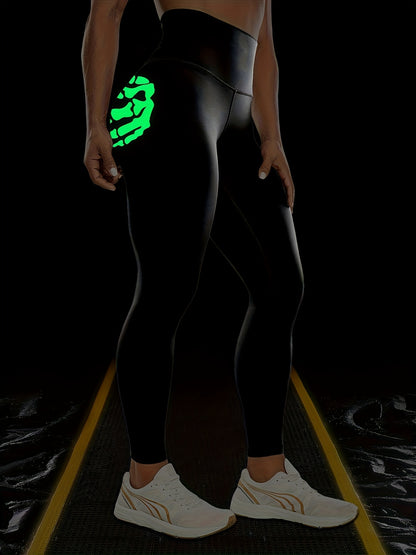 Women'S High-Waisted Stretchy Fitness Leggings with Glow-in-the-Dark Skull Print - Black, Elastic Waistband, Long Length for Running, Yoga & Halloween Party Wear, Yoga Pants, Halloween Leggings, Bold Graphic Pants, Highelasti