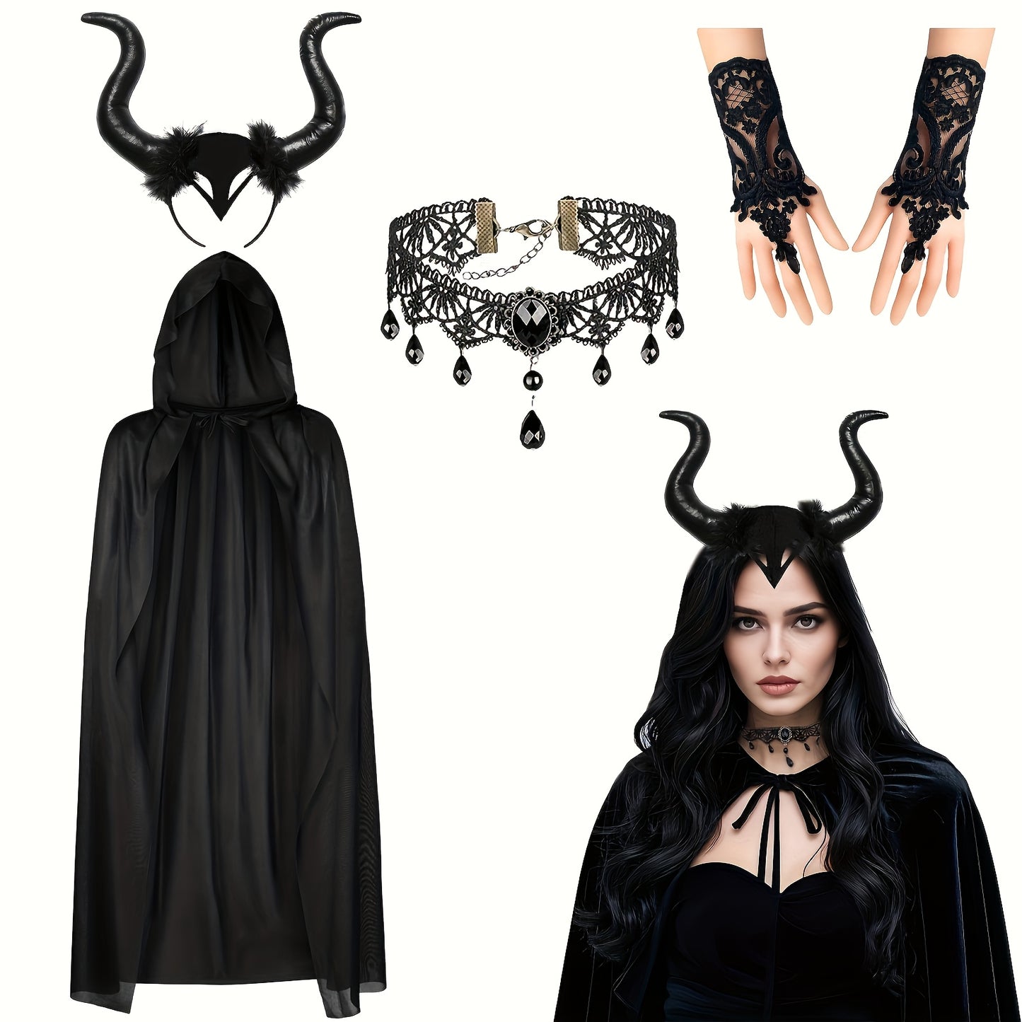 [Halloween Devil Costume Set] 5pcs Halloween Devil Costume Set | Black Witch Cape, Devil Horns Headband, Lace Fingerless Gloves, Gothic Queen Dress Up, Carnival Wizard Party Accessories