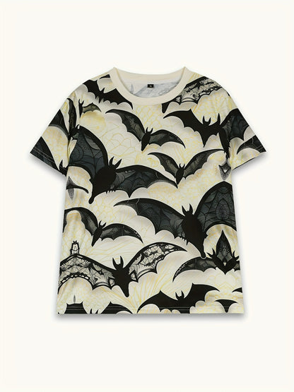 [Bat Print T-Shirt] Women's Breathable Casual Bat Print Round Neck T-Shirt | Dark Series Full-Body Bat & Spiderweb Design, Black & Yellow Contrast, Short Sleeve Top for Spring/Summer, Machine Washable, Nontransparent Fabric