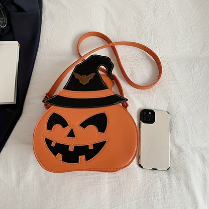 [Halloween Accessories] Halloween Pumpkin Crossbody Bag for Women - Large Capacity Synthetic Faux Leather Shoulder Purse with Adjustable Strap, Zipper Closure, and Festive Orange & Black Design, Halloween Accessories