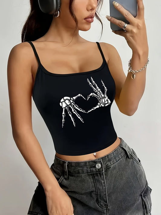 [Casual All-Season Wear] Y2K Sleeveless Crop Cami With Skeleton Heart Hands Graphic Print, Black Spaghetti Strap Top For Women, Casual Polyester Blend, Medium Elasticity, All-Season Wear, Allseason Top | Spaghetti Strap Cami