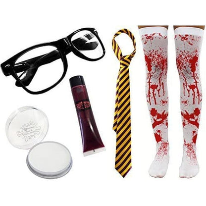 Ladies Halloween Zombie Schoolgirl Costume - Green & Grey Tie - Glasses, Striped Tie, Bloody Stockings, Fake Blood And Face Paint - Adults Horror Geek Scary Nerd Halloween Fancy Dress Set