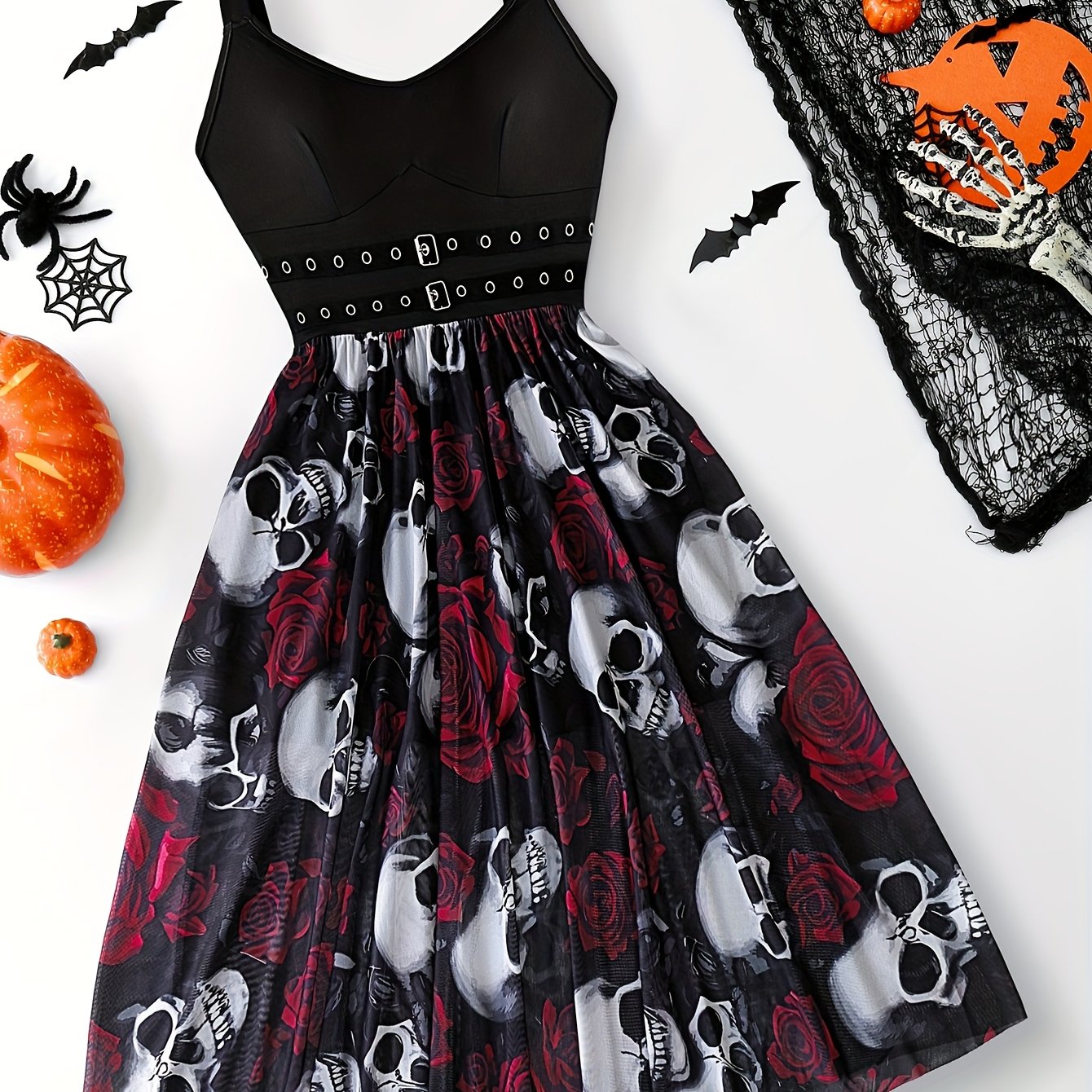 [Gothic Halloween Dress] Gothic Halloween Skeleton Rose Print Dress | Double V-Neck Zipper Sleeveless A-Line Skirt with Tulle Lining for Halloween Parties