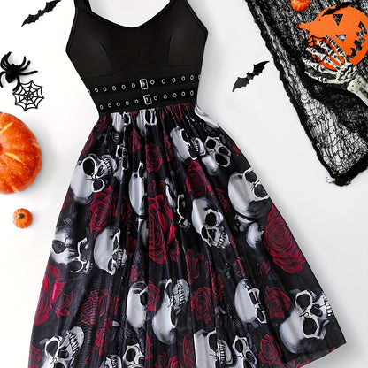 [Gothic Halloween Dress] Gothic Halloween Skeleton Rose Print Dress | Double V-Neck Zipper Sleeveless A-Line Skirt with Tulle Lining for Halloween Parties