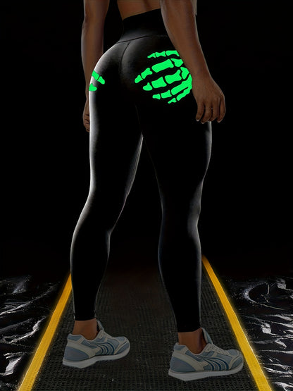 Women'S High-Waisted Stretchy Fitness Leggings with Glow-in-the-Dark Skull Print - Black, Elastic Waistband, Long Length for Running, Yoga & Halloween Party Wear, Yoga Pants, Halloween Leggings, Bold Graphic Pants, Highelasti