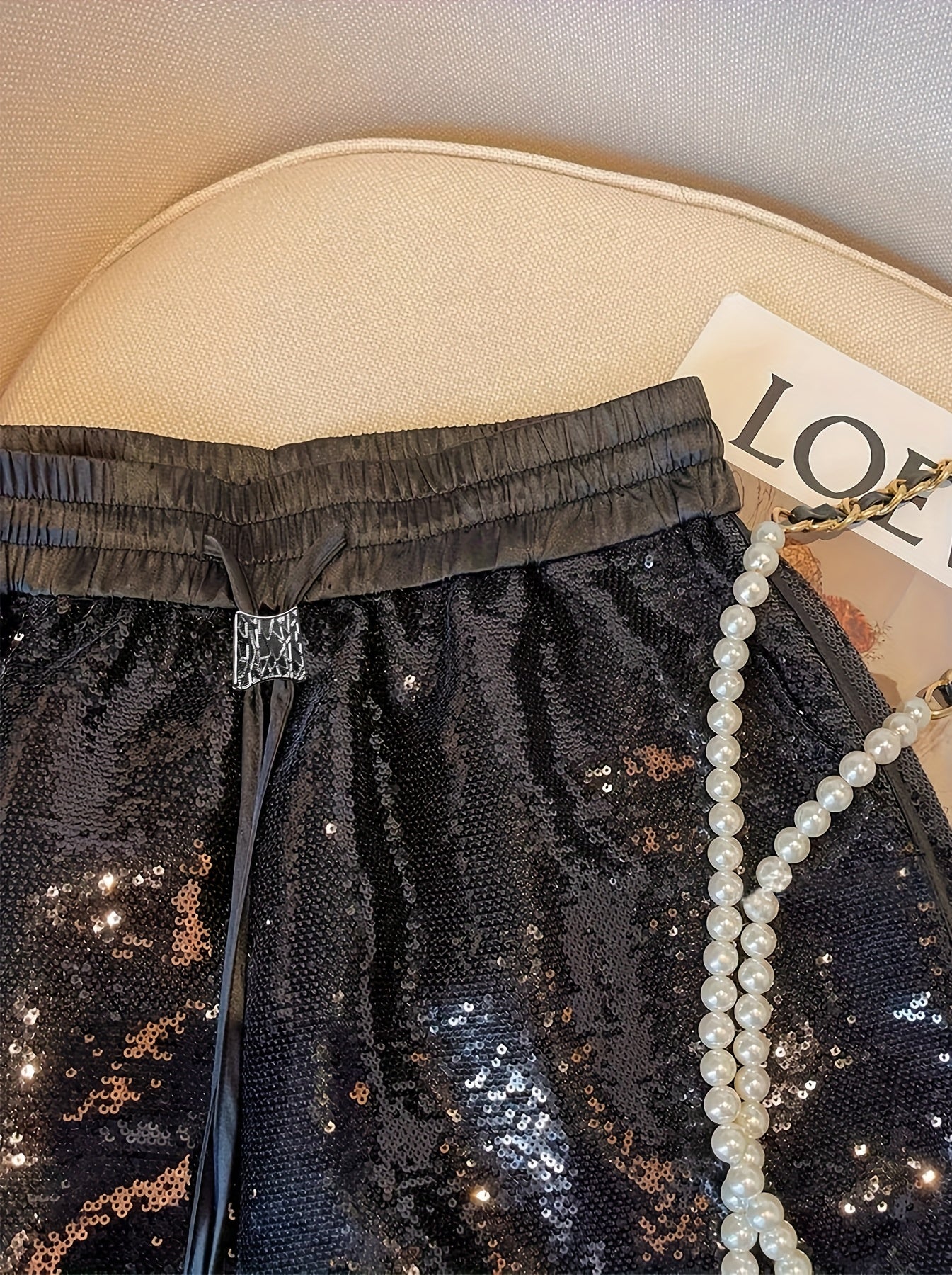 Women's Black Sequin Shorts with Elastic Drawstring Waist - Summer Sparkle Shorts for Casual & Formal Occasions, Non-Stretch Fabric, Hand Wash/Dry Clean