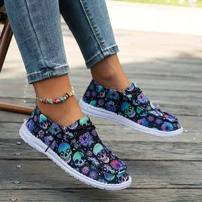 Women's Skull & Floral Print Slip-On Loafers - Lightweight Casual Shoes with Round Toe, Easy On/Off Design, Breathable Fabric & EVA Sole for All-Season Wear, Skull Shoes, Leisure Footwear, Unique Pattern Footwear, Flexible Fo