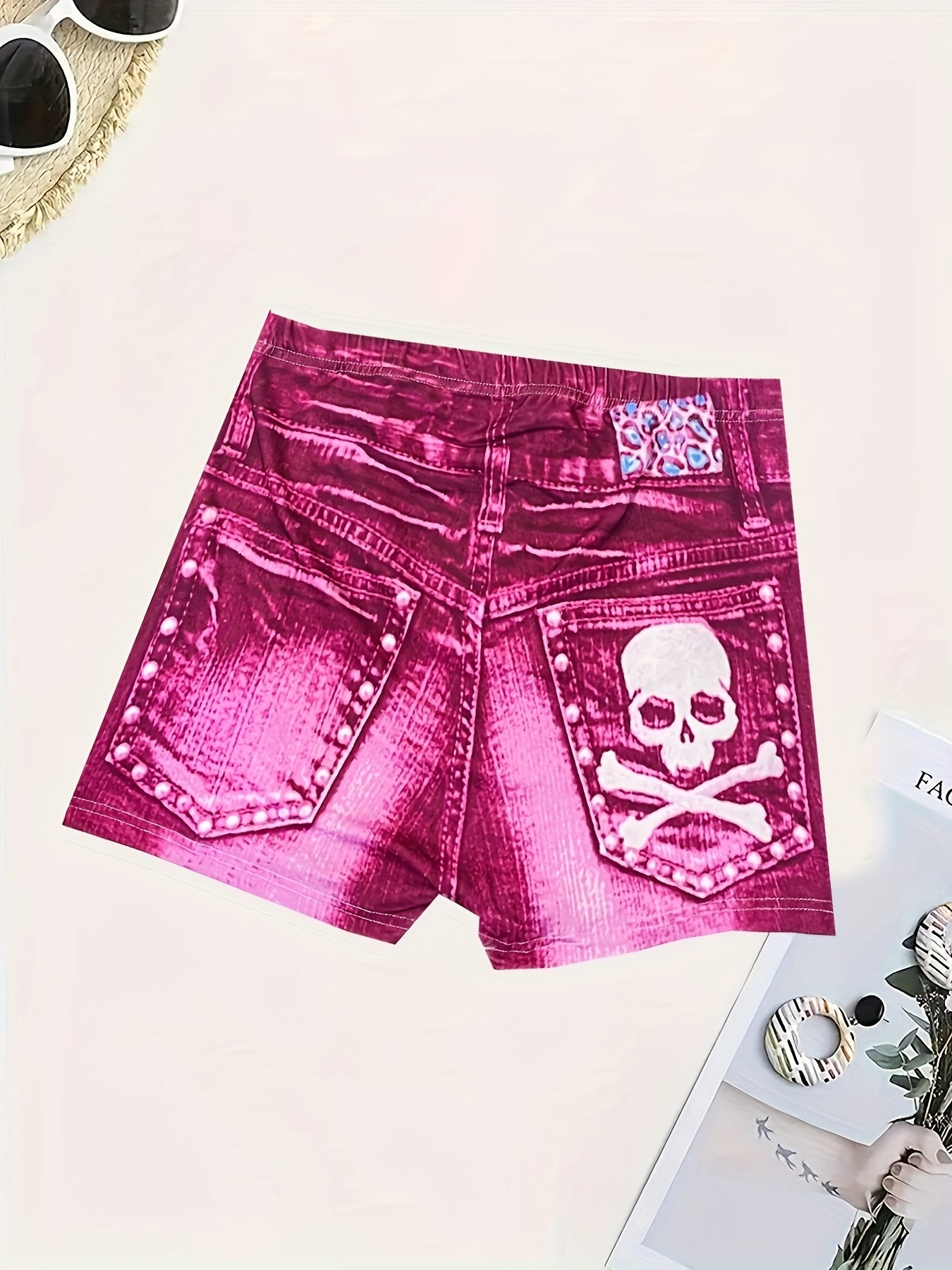 Skull Print Imitation Denim Shorts, Sexy High Waist Skinny Shorts For Spring & Summer, Women's Clothing