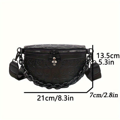 [Skull Crossbody Bag] Skull Embossed Women's Black Crossbody Bag | Versatile Shoulder & Waist Purse with Zipper Closure, Polyester Lining | Perfect for Halloween or Everyday Use, Halloween Accessories