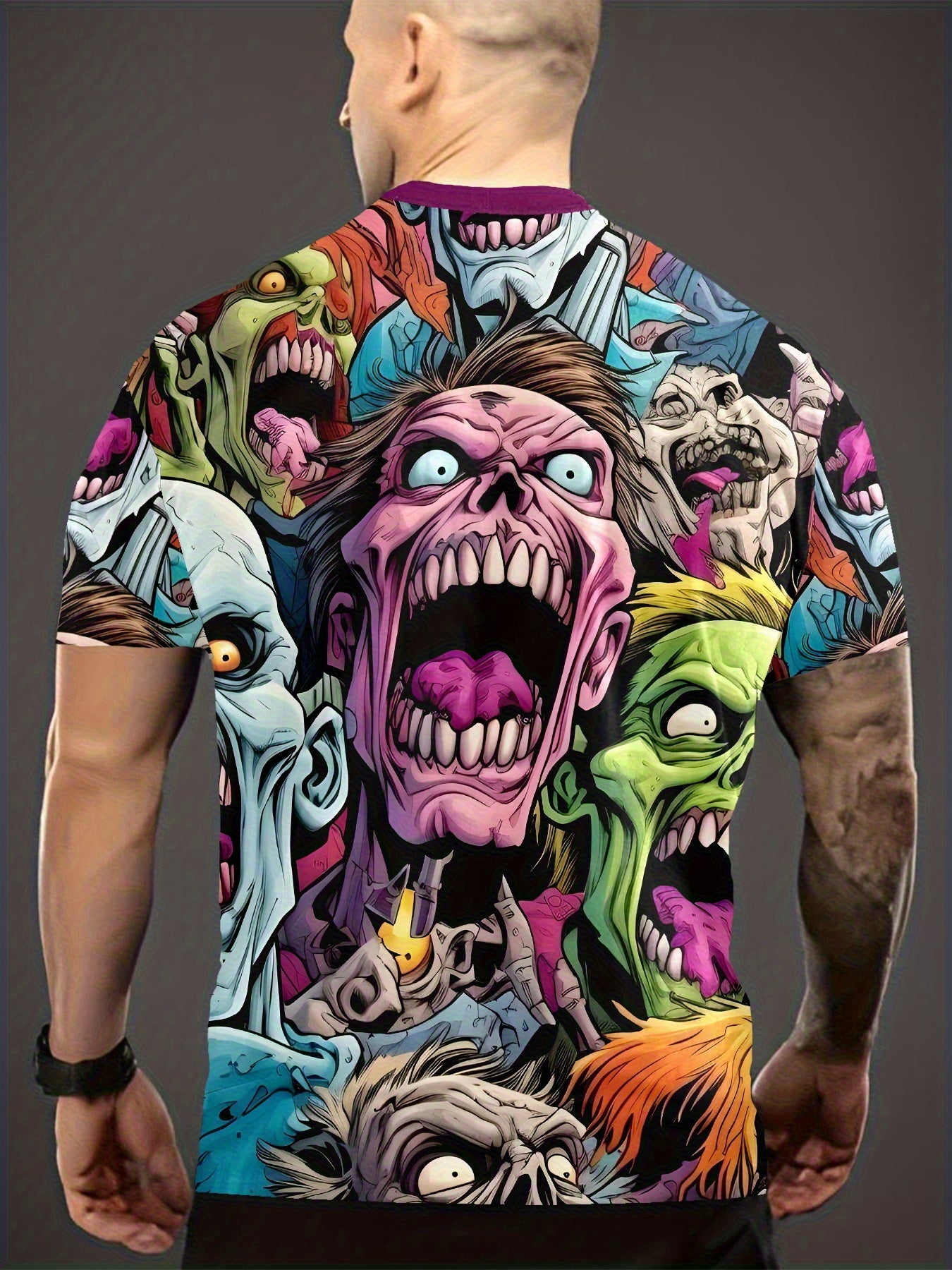 [Halloween Horror Movie Parties] Men's Zombie T-Shirt - Vivid Pink, Green, Blue, Black, Purple Horror Graphic Tee - Breathable Crew Neck Shirt for Halloween, Horror Movie Parties - Machine Washable Zombie Outfit for Fans, Cas