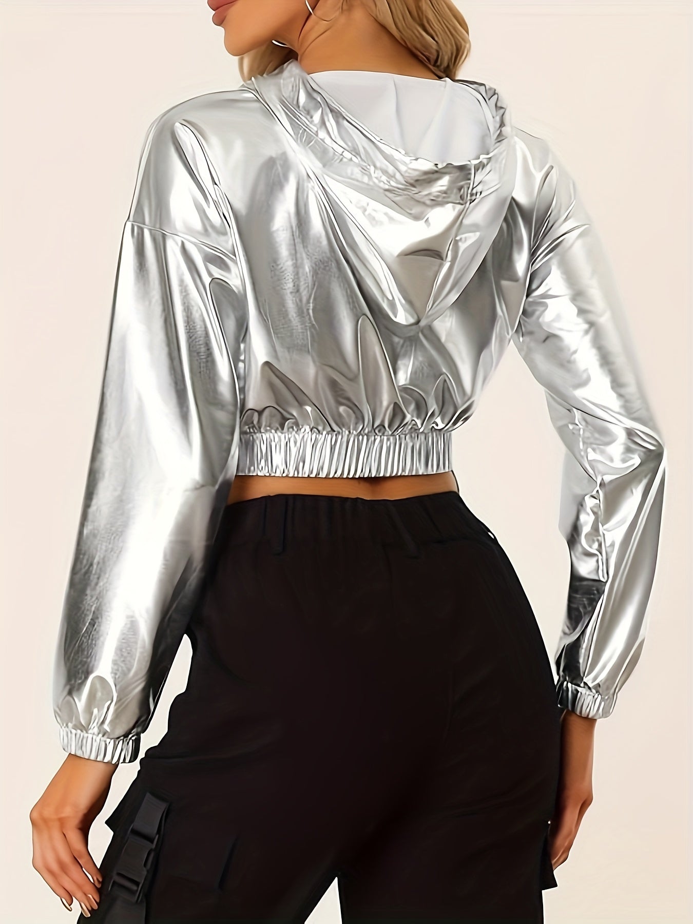 Women's Sexy Short-Length Hooded Sweatshirt - Long Sleeve Holographic Golden Metallic Pullover with Drawstring Hood, Stretchy Fabric for Gym Running Casual Wear, Spring/Autumn Fashion, Gym Hoodie, Seasonal Athletic Apparel, E