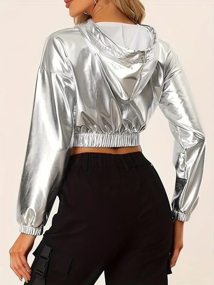 Women's Sexy Short-Length Hooded Sweatshirt - Long Sleeve Holographic Golden Metallic Pullover with Drawstring Hood, Stretchy Fabric for Gym Running Casual Wear, Spring/Autumn Fashion, Gym Hoodie, Seasonal Athletic Apparel, E