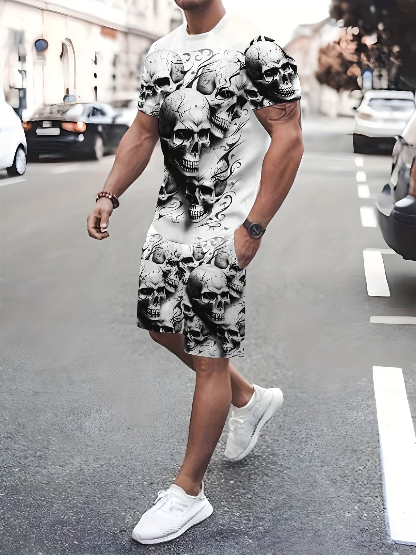 [Skull Print Set] 2pcs Men's Skull Print Set - 3D Graphic T-Shirt & Shorts | Summer Casual Sportswear, Black & White Skull Design, Comfortable Polyester Fabric, Perfect for Casual Attire, Graphic Print Clothing, Comfortable F