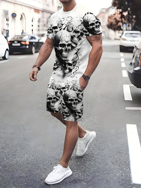 [Skull Print Set] 2pcs Men's Skull Print Set - 3D Graphic T-Shirt & Shorts | Summer Casual Sportswear, Black & White Skull Design, Comfortable Polyester Fabric, Perfect for Casual Attire, Graphic Print Clothing, Comfortable F