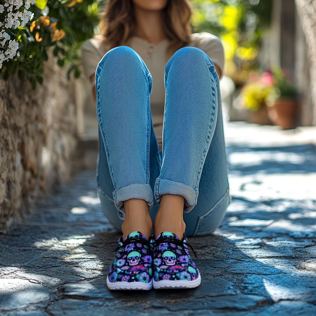 Women's Skull & Floral Print Slip-On Loafers - Lightweight Casual Shoes with Round Toe, Easy On/Off Design, Breathable Fabric & EVA Sole for All-Season Wear, Skull Shoes, Leisure Footwear, Unique Pattern Footwear, Flexible Fo