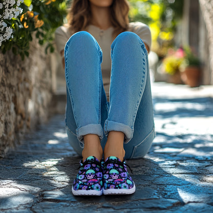 Women's Skull & Floral Print Slip-On Loafers - Lightweight Casual Shoes with Round Toe, Easy On/Off Design, Breathable Fabric & EVA Sole for All-Season Wear, Skull Shoes, Leisure Footwear, Unique Pattern Footwear, Flexible Fo