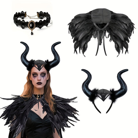 3pcs Devil Costume Accessory Set for Men and Women, Including Demon Horn Headband, Gothic Black Faux Feather Cape, and Gothic Lace Necklace; Perfect for Halloween, Role Play, Masquerade Parties, Demon Queen Makeup, and Wizard