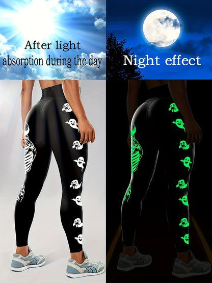 Women'S High-Waisted Stretchy Fitness Leggings with Glow-in-the-Dark Skull Print - Black, Elastic Waistband, Long Length for Running, Yoga & Halloween Party Wear, Yoga Pants, Halloween Leggings, Bold Graphic Pants, Highelasti