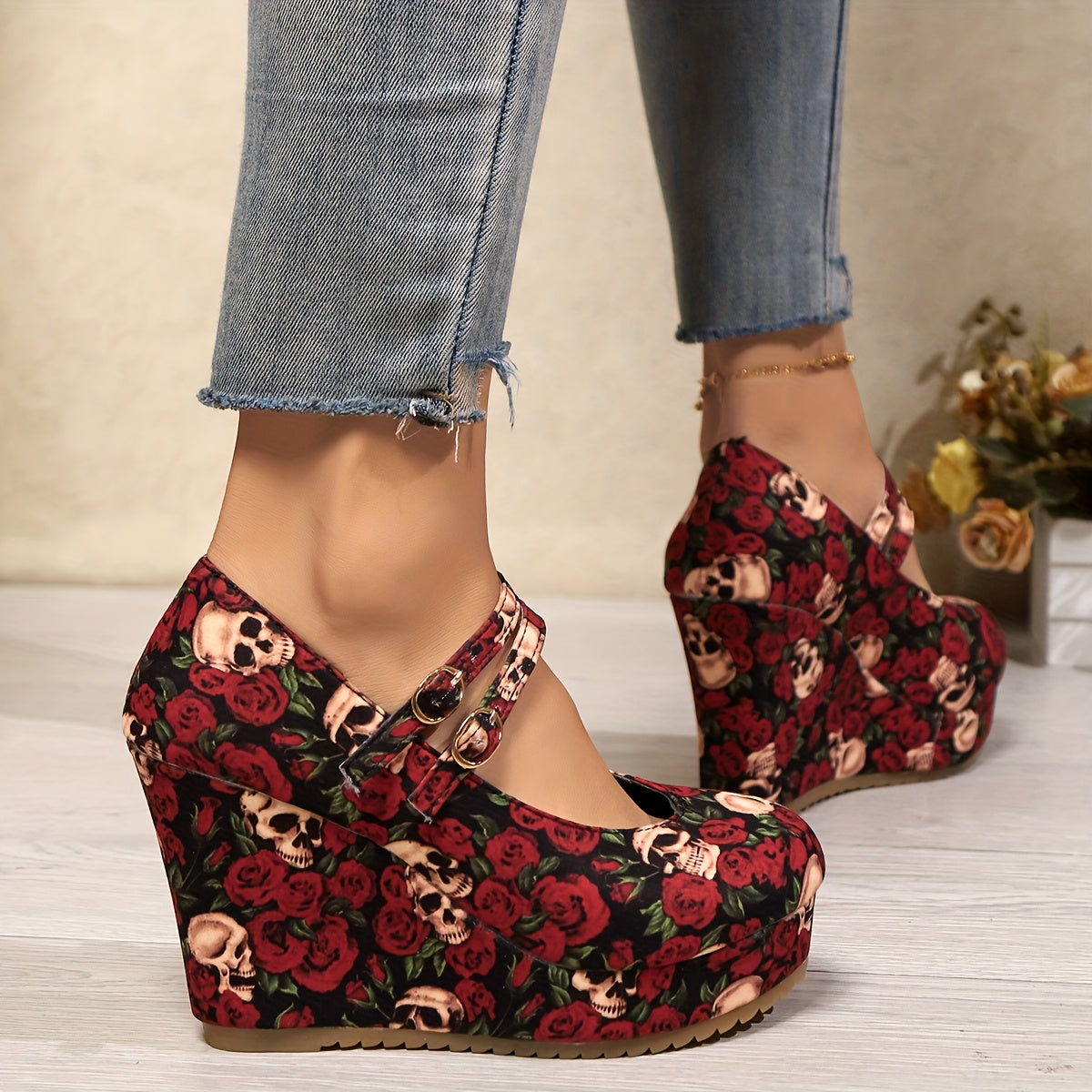 Women's Gothic Rose & Skull Print Wedge Heels - Elegant Ankle Strap Platform Pumps with Metallic Buckle, Red Floral Design on Black Background, Perfect for Casual or Stylish Outfits, Cute Heels