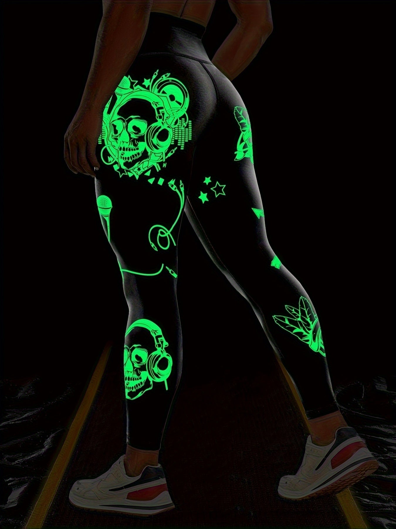 Halloween Fluorescent Skeleton Hands Printed Sports Yoga Leggings, High Waist Workout Running Sports Tight Pants, Women's Activewear Carnaval for carnival & Music Festival