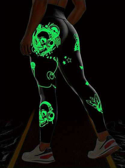 Halloween Fluorescent Skeleton Hands Printed Sports Yoga Leggings, High Waist Workout Running Sports Tight Pants, Women's Activewear Carnaval for carnival & Music Festival