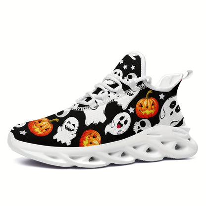 Ghosts and Pumpkins Ladies Outdoor Blade Bottom Breathable Mesh Face Shock Absorption Comfortable Wear Resistant Bounce Low Top Sports Shoes, Suitable for Halloween Shoes