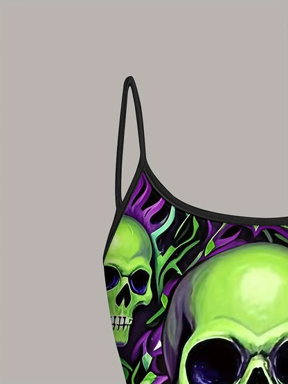 Women's Gothic Skull Print Cami Top - Vibrant Neon Green & Purple Design, Sleeveless Spaghetti Strap, Machine Washable, Edgy Summer Fashion for Bold Style, Trendy Casual Wear, Mysterious Aesthetic, Nontransparent Fabric