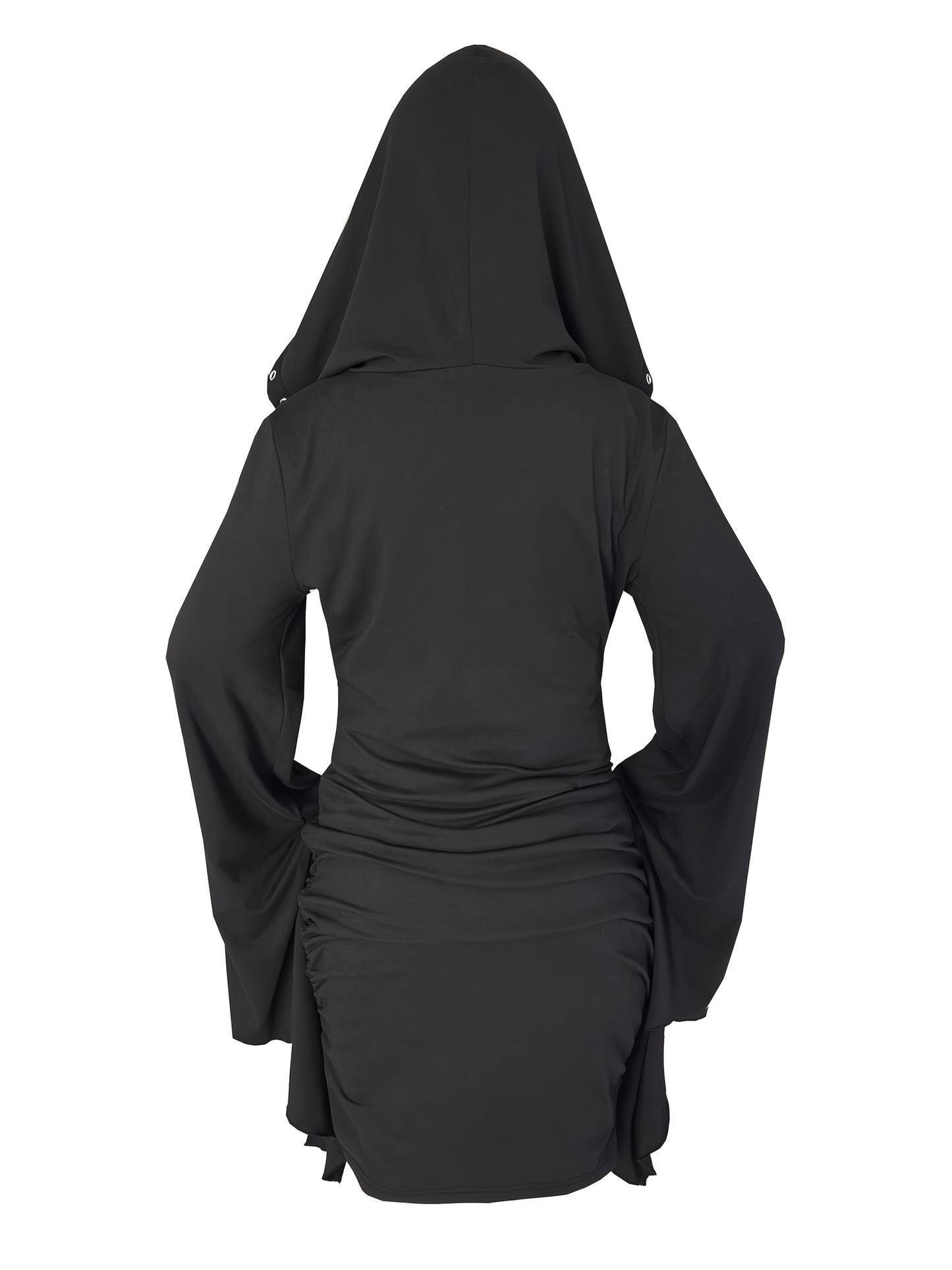 Gothic Women'S Hooded Batwing Sleeve Bodycon Dress with Punk Metal Decorative Hat - V-Neck, Long Sleeve, Knee-Length Halloween Costume for Adults, Black, Halloween Attire | Edgy Fashion | Glossy Finish, Halloween Costumes