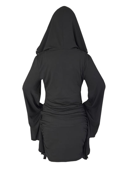 Gothic Women'S Hooded Batwing Sleeve Bodycon Dress with Punk Metal Decorative Hat - V-Neck, Long Sleeve, Knee-Length Halloween Costume for Adults, Black, Halloween Attire | Edgy Fashion | Glossy Finish, Halloween Costumes