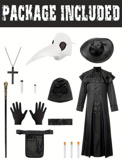 Adult Men'S Steampunk Plague Doctor Costume - Halloween Medieval Monk Priest Renaissance Party Outfit with Cape, Robe, Mask, and Accessories - Polyester 100% Solid Color with Stand Collar and Belt - Regular Fit Woven Fabric 1