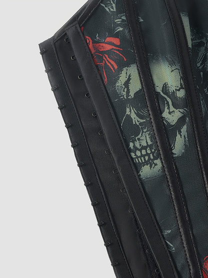 [Statement Fashion] Elegant Skull Print Lace-Up Corset Top for Women - Gothic Style, High Support, Tummy Control, Black with Red Roses & Skull Design, No-Pad Bustier, Hand Wash Only