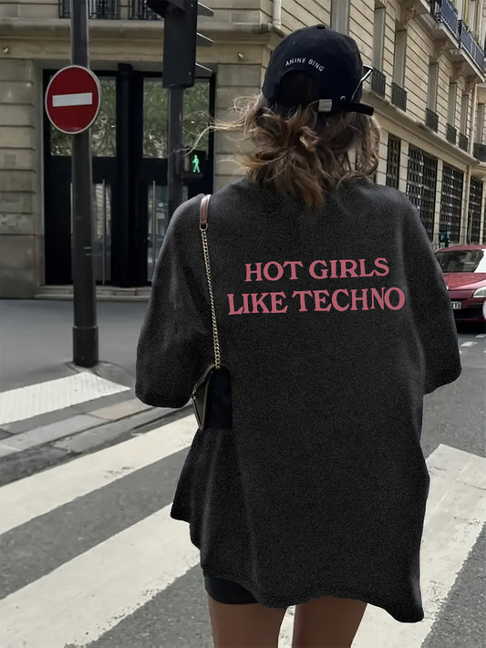 Women's TECHNO Graphic Tee - Lightweight Breathable T-Shirt with Front & Back Pink Slogan Print - Machine Washable Clubbing Shirt for DJs, raves, techno Parties - All-Season Casual Top, Rave Outfit, Bold Statement Design, Com