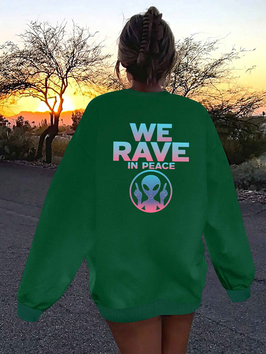 Women'S Casual Crew Neck Long Sleeve Sweatshirt, Polyester 100% Knit Fabric, Geometric Alien "WE RAVE in PEACE" Graphic, Fall/Winter Regular Length