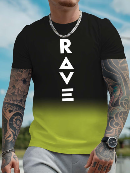 Men's Gradient Rave Graphic T-Shirt - Ice Silky Breathable, Quick-Dry, Round Neck, Short Sleeve, Casual Summer Tee in Vibrant Orange to Black Ombre Design