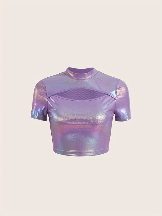 HG Women's Sexy Slim Fit Round Neck Short Sleeve T-Shirt - Hollow-Out Design, Shimmering Purple-Pink-Purple Gradient, Medium Stretch Fabric, All-Season Versatile Top, Evening Wear, Elegant Style, Glossy Finish, Casual Top, Br