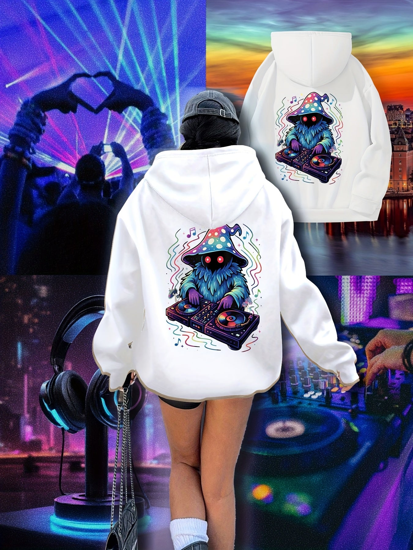Women's Neon DJ Graphic Hoodie - Music Festival Sweatshirt with Back Print, Pullover Hooded Sweatshirt for Raves, Concerts, Winter Parties - Machine Washable Cold Weather Clothing, Comfortable Drawstring Hood, Rave Outfit, St