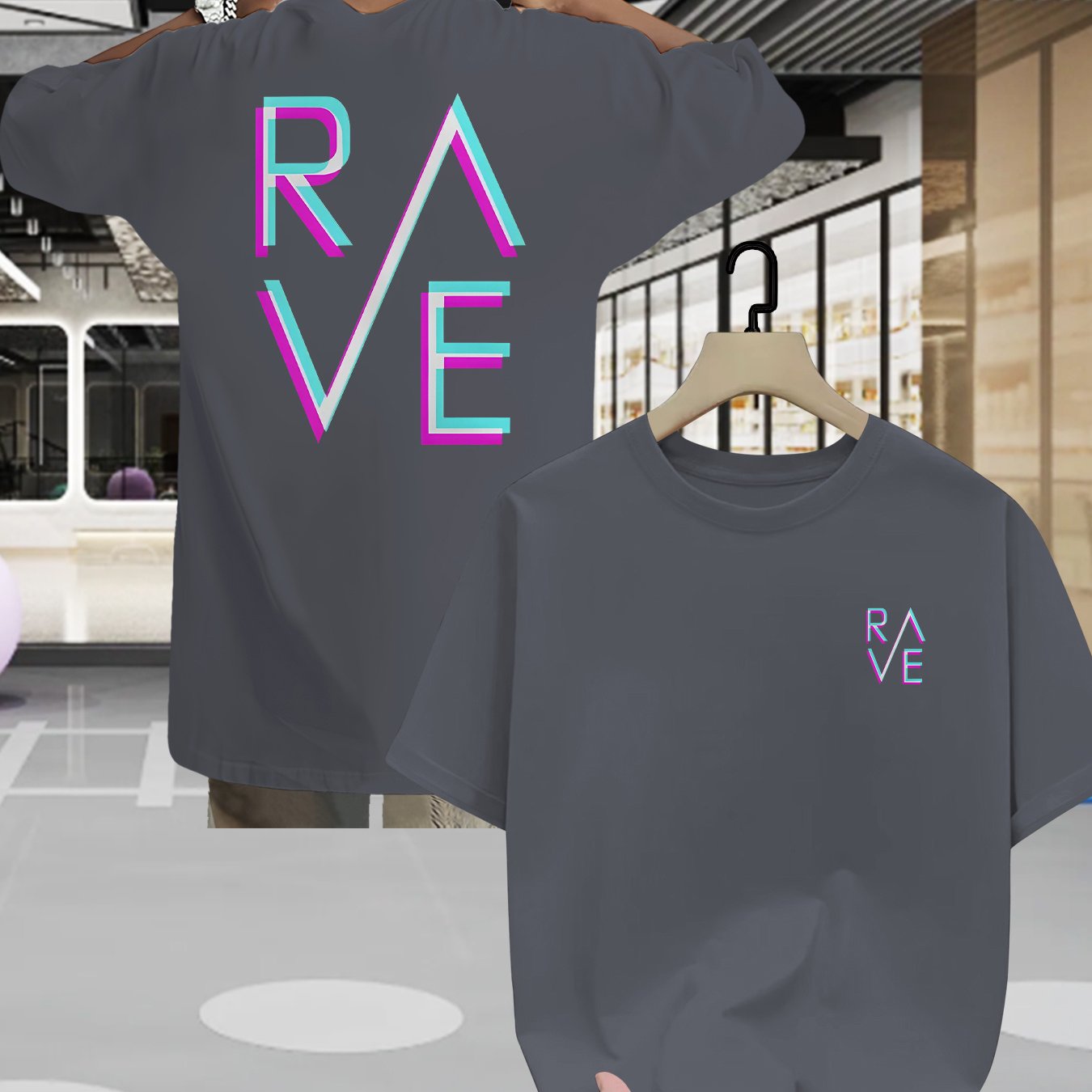 Men'S Summer Casual RAVE Graphic T-Shirt - Black with Pink & White Neon Print, Short Sleeve, Round Neck, Lightweight Polyester Blend, Perfect for Casual Attire, Everyday Tshirt | Round Neck Shirt | Comfortable Fit