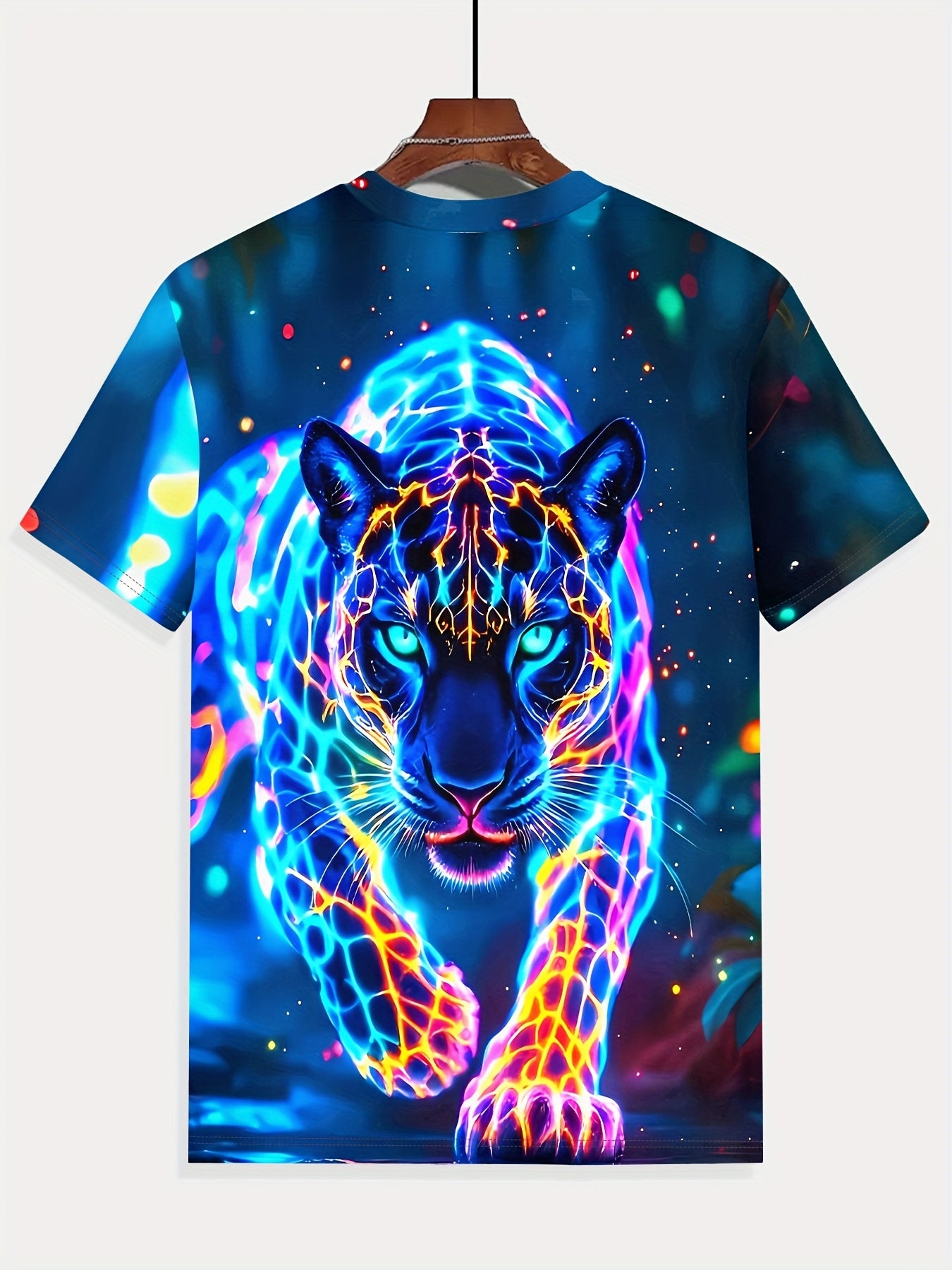 3D Neon Panther Print Men's Polyester T - Shirt, Short Sleeve, Cool Neon Animal Design, High - Quality 3D Printing, Comfortable Polyester, Stylish Casual Apparel, Distinctive Look, Must - Have Men's Fashion, Trendy Choice