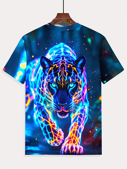3D Neon Panther Print Men's Polyester T - Shirt, Short Sleeve, Cool Neon Animal Design, High - Quality 3D Printing, Comfortable Polyester, Stylish Casual Apparel, Distinctive Look, Must - Have Men's Fashion, Trendy Choice