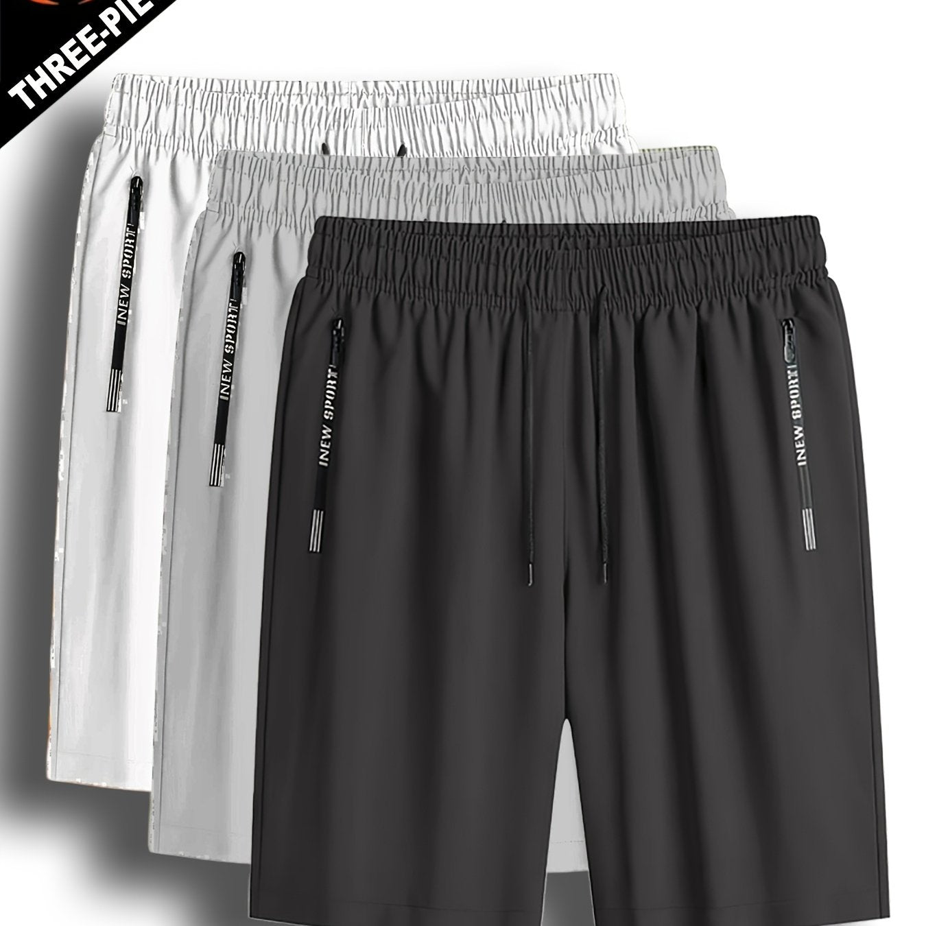 3pcs Men'S Lightweight Quick-Dry Running Shorts - Summer Casual Sport, Loose Fit, Zipper with White Accents, Elastic Waistband, Zipper Pockets, Polyester and Spandex Blend, Large Size