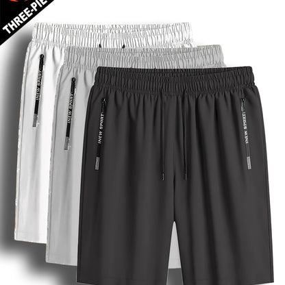 3pcs Men'S Lightweight Quick-Dry Running Shorts - Summer Casual Sport, Loose Fit, Zipper with White Accents, Elastic Waistband, Zipper Pockets, Polyester and Spandex Blend, Large Size