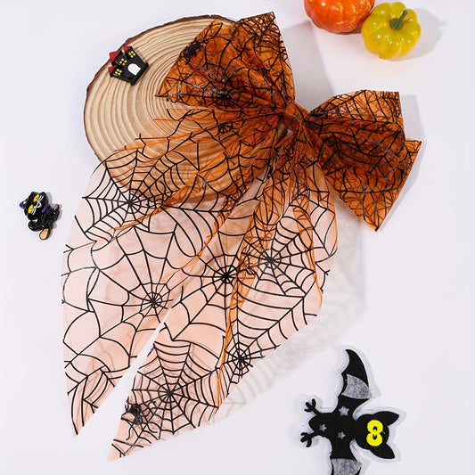 Vintage Fabric Bow Hair Clip with Spider Web and Skull Print – Elegant Halloween Hair Accessory for Women, Single Horror Themed Color Matching Barrette, Ideal for Party Dress Up, Suitable for Ages 14+