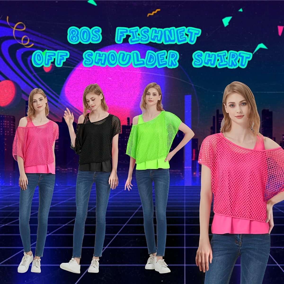 Two-Piece Set Women's Casual Sexy Neon '80s Vacation Tank Top + Fishnet Off-Shoulder T-Shirt