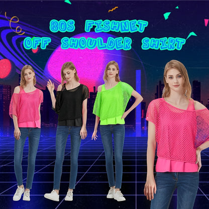 Two-Piece Set Women's Casual Sexy Neon '80s Vacation Tank Top + Fishnet Off-Shoulder T-Shirt